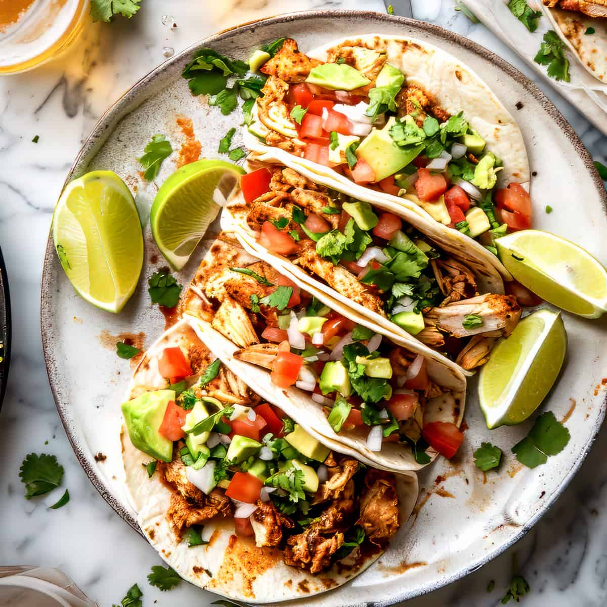Pulled chicken tacos in tortillas with chopped tomatoes and avocado on a white plate.