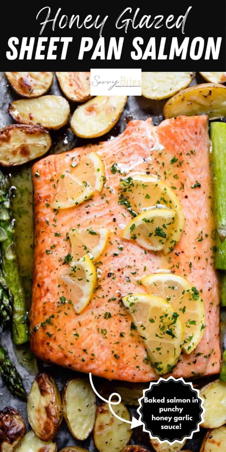 Salmon tray bake with potatoes and vegetables with a honey garlic sauce.