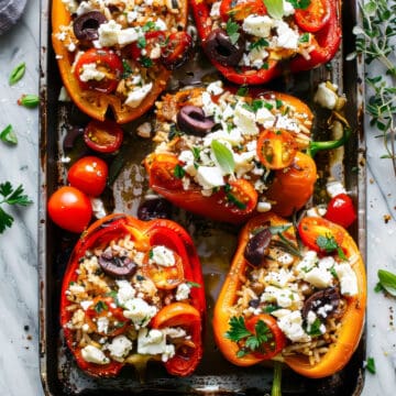 Stuffed peppers with rice and tomatoes topped with feta and herbs on a baking tray.
