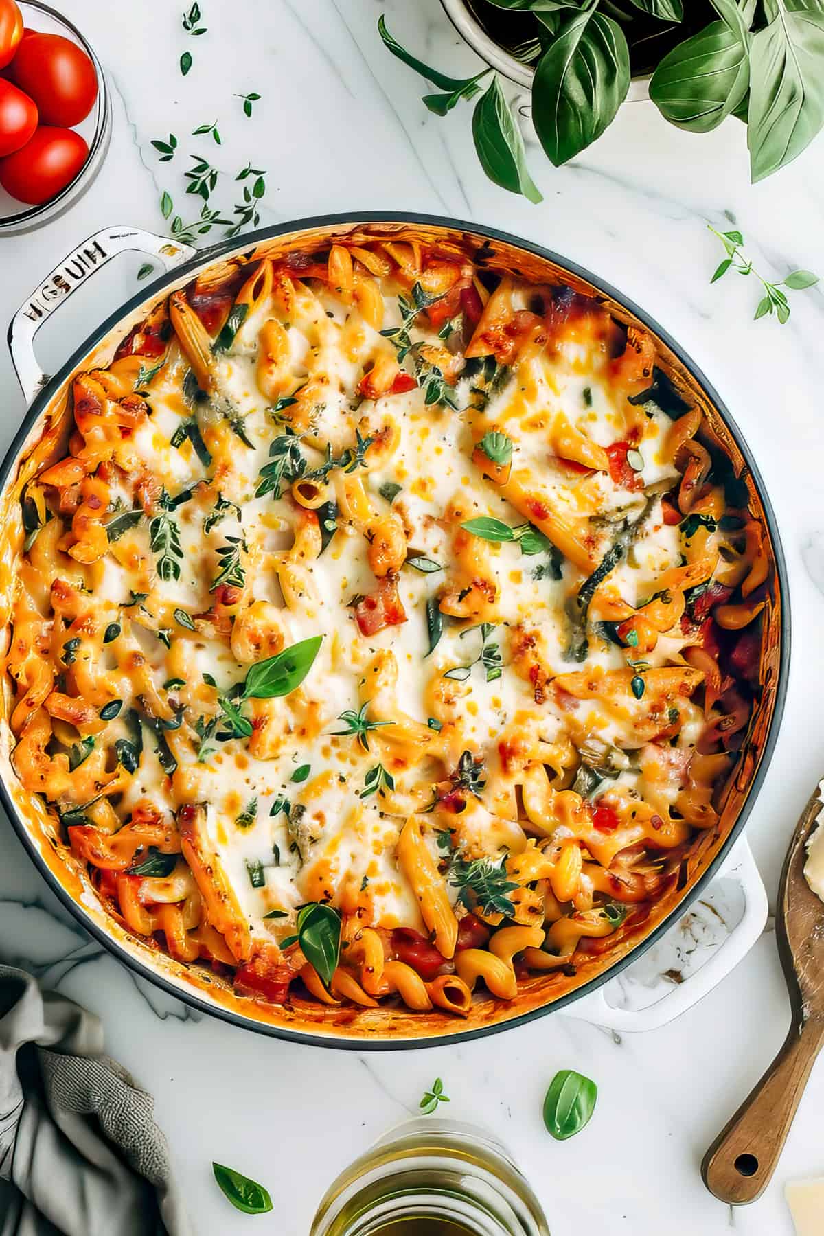 Vegetable pasta bake with penne in a casserole dish with baked cheese.