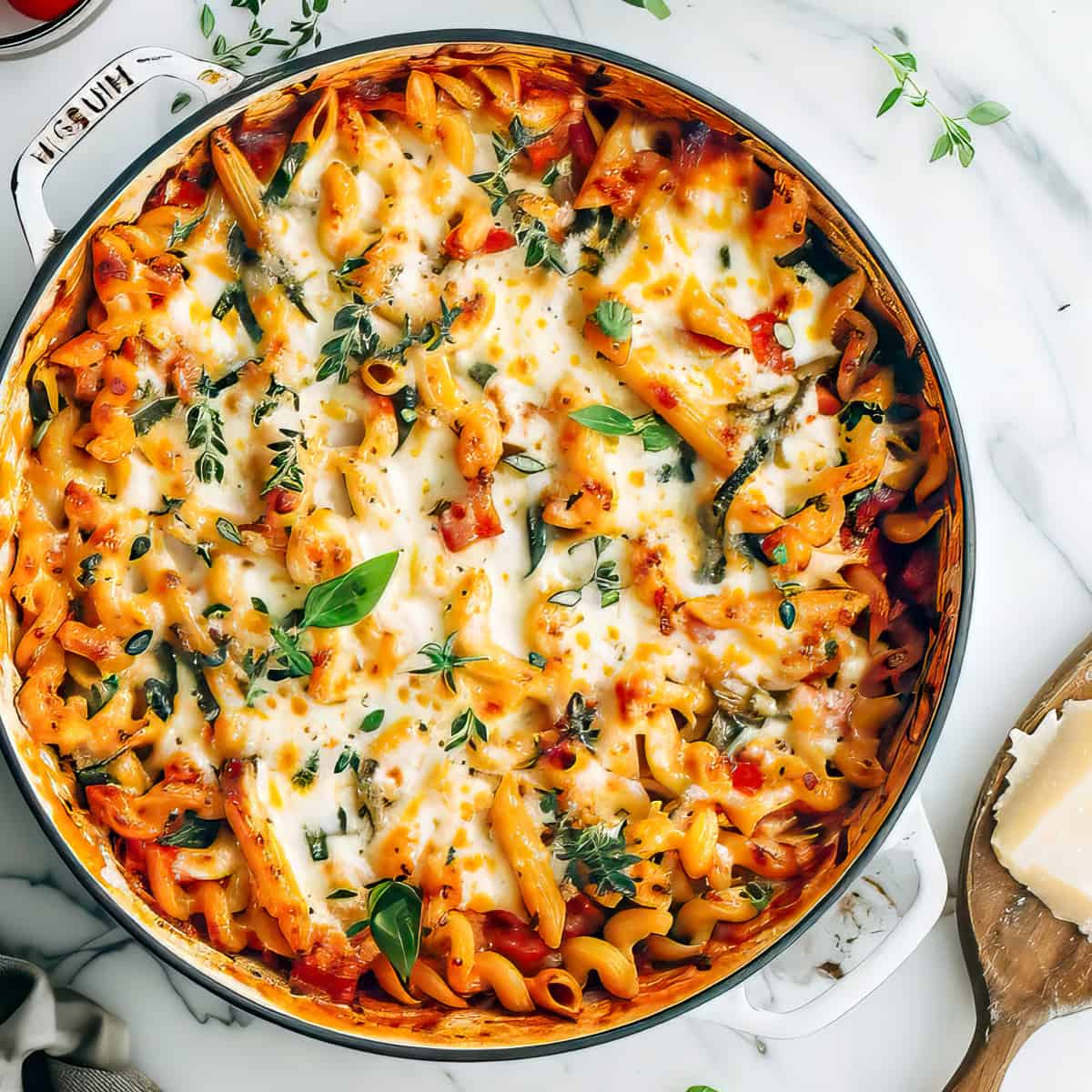 Vegetable pasta bake with penne in a casserole dish with baked cheese.