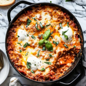 One pan lasagna with basil and mozzarella.