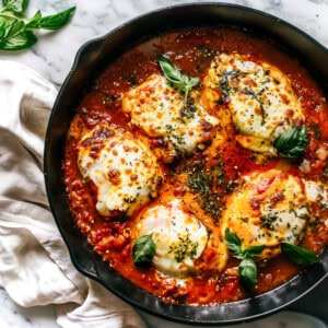Italian chicken in tomato sauce with mozzarella and basil in a skillet.