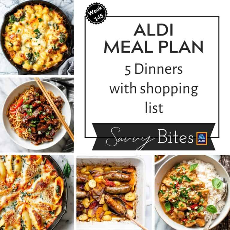 Aldi budget meal plan photo collage with text overlay.