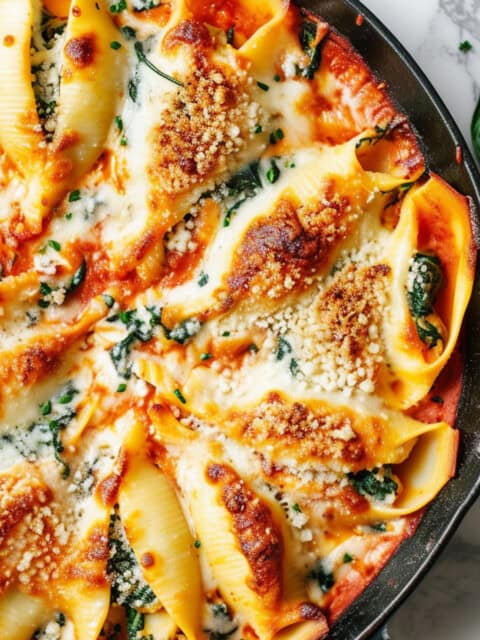 Ricotta and spinach stuffed pasta shells in a cast iron skillet.