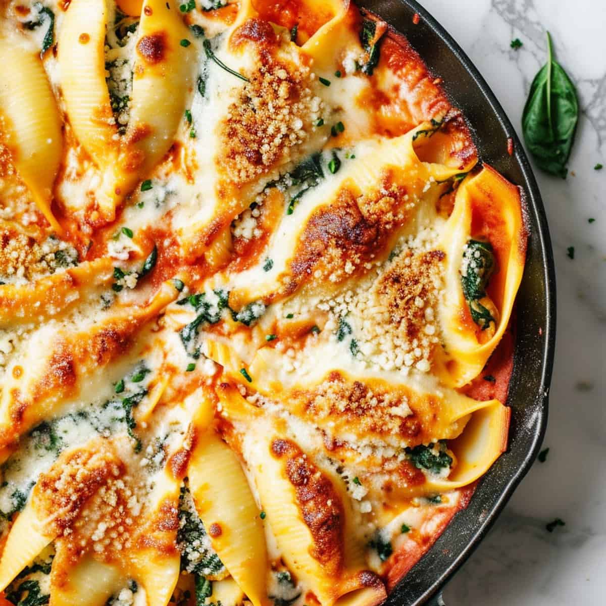 Ricotta and spinach stuffed pasta shells in a cast iron skillet.