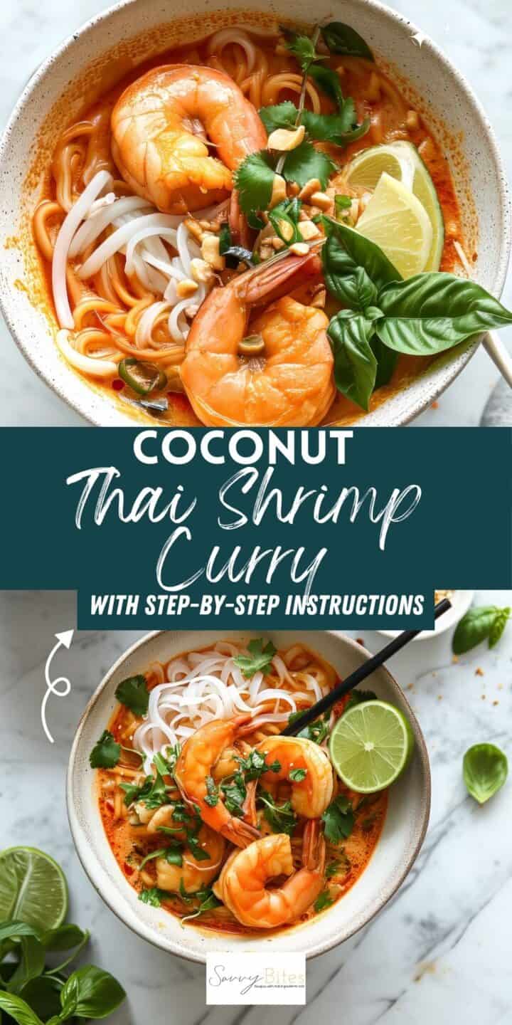 Red Thai shrimp curry with noodles in a white bowl.