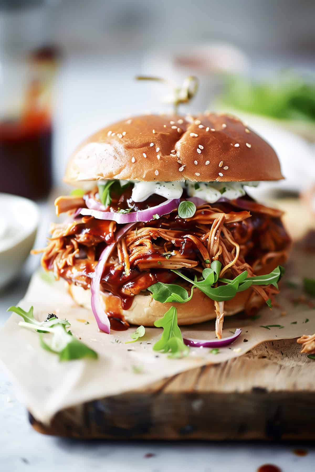 BBQ pulled chicken on a bun with sauce and lettuce.