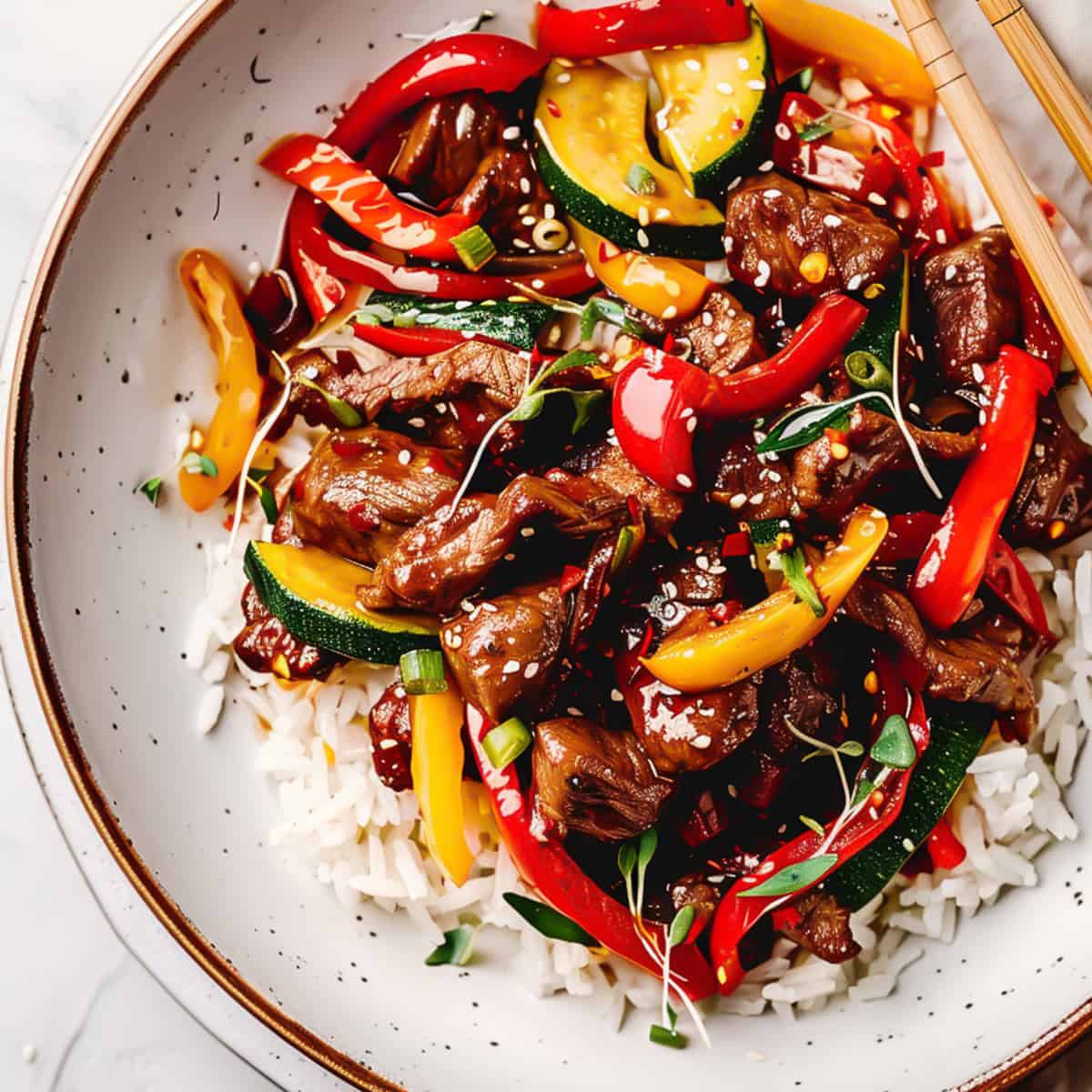 Beef stir fry with Asian sauce, and peppers with rice in a bowl.