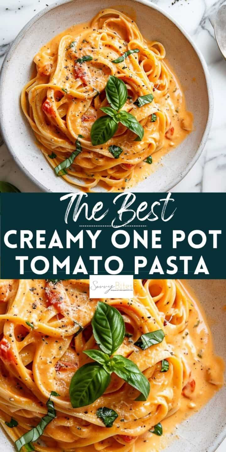 Creamy one pot tomato pasta in a whit bowl with basil.