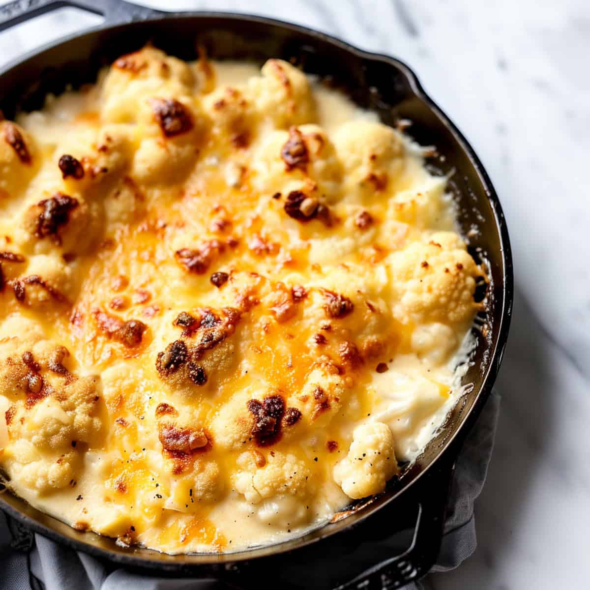 Baked cauliflower cheese in a skillet.