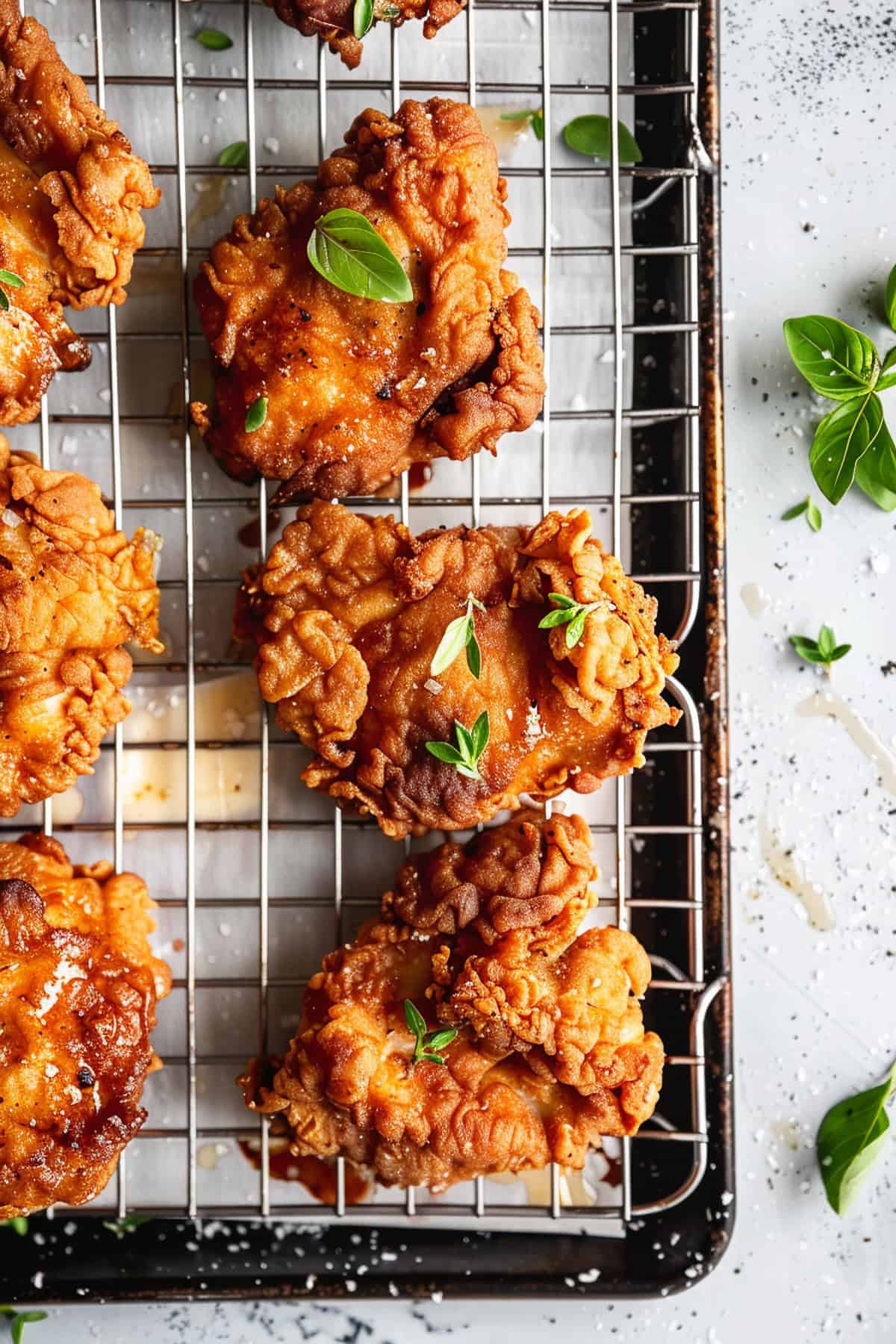 Crispy buttermilk chicken on a cooling rack with sea salt and thyme leaves.