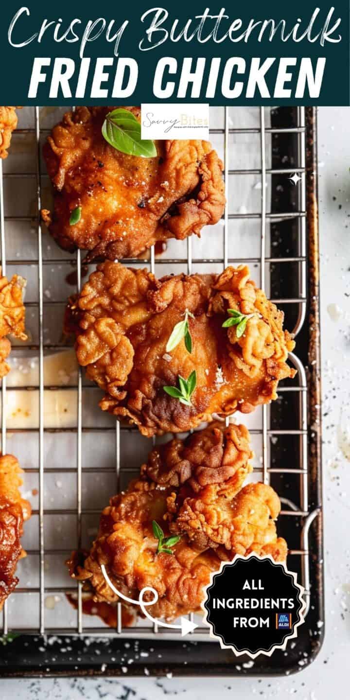 Buttermilk fried chicken on a cooling rack with text overlay.