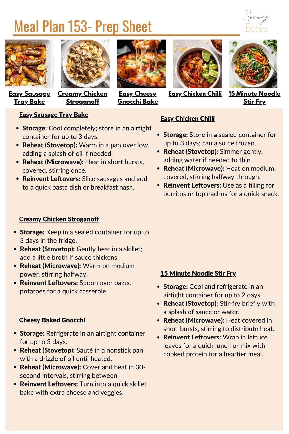 Meal plan 153 prep sheet for Aldi recipes and leftover instructions.