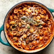 Creamy bolognese with pasta shells.