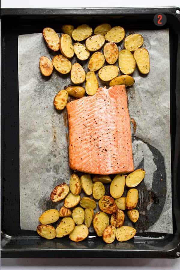 salmon tray bake before and after being baked in a hot oven