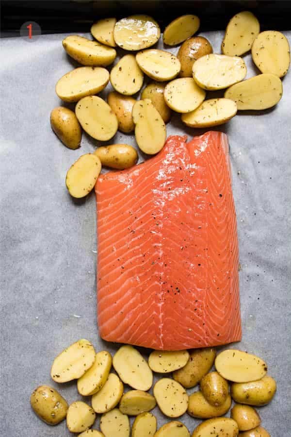 salmon tray bake before and after being baked in a hot oven